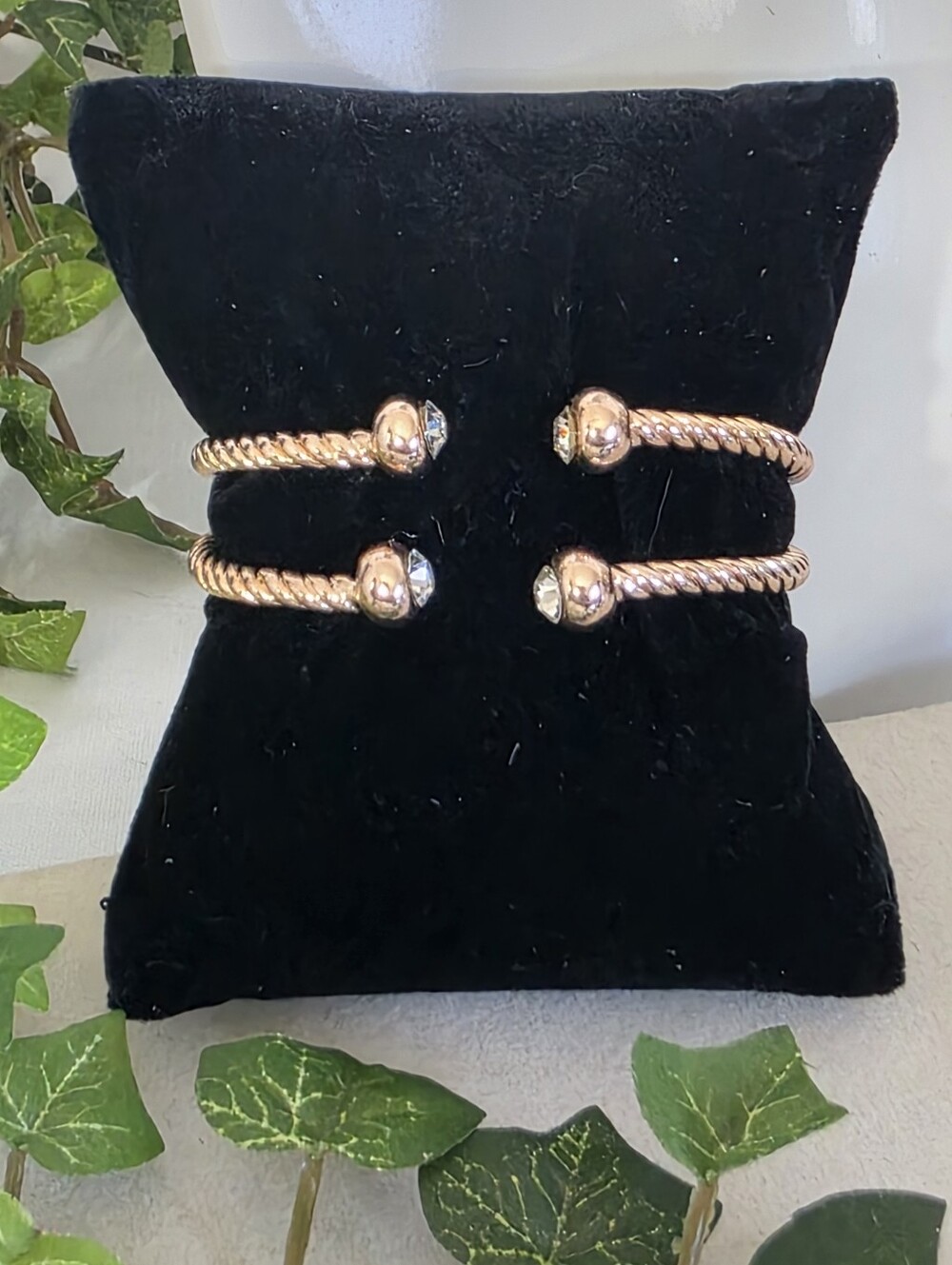 Rose Gold Twisted Cable Cuff Bracelet Set with Crystal Accents (2 Piece)